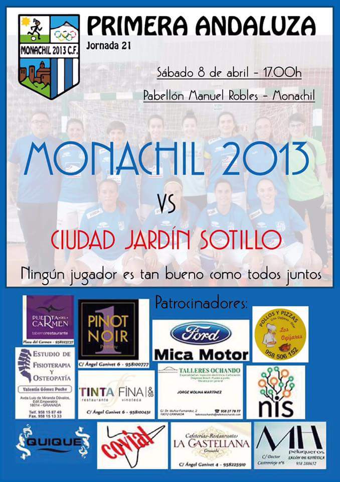 Monachil2013's tweet photo. Jornada XXI

🏆1° Andaluza Fútbol Sala

📆 Sábado 8 Abril

⏰17h

🏠Monachil 

🚩Pabellón Manuel Robles 

⚽ Monachil 2013 - Ciudad Jardín Sotillo https://t.co/mxkVCEXdMi