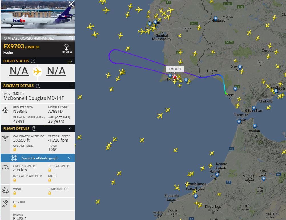 NikPhillips666's tweet photo. FedEx #CMB181 out of Cadiz, Spain has declared a general emergency and returning - cause unknow https://t.co/s39aNNAaEs
