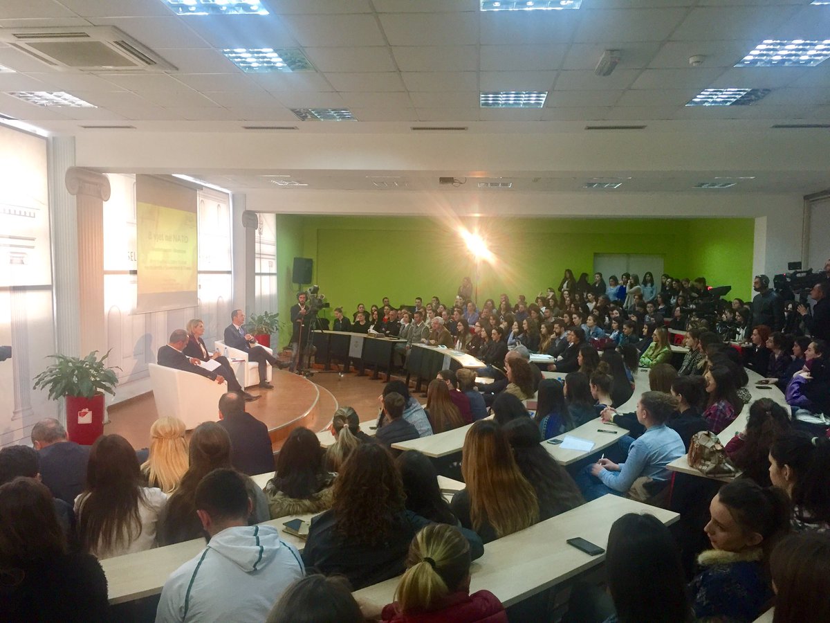 Ministers @MimiKodheli & @DitmirBushati discuss #Albania8yearsNATO w/ students of #TiranaUniversity