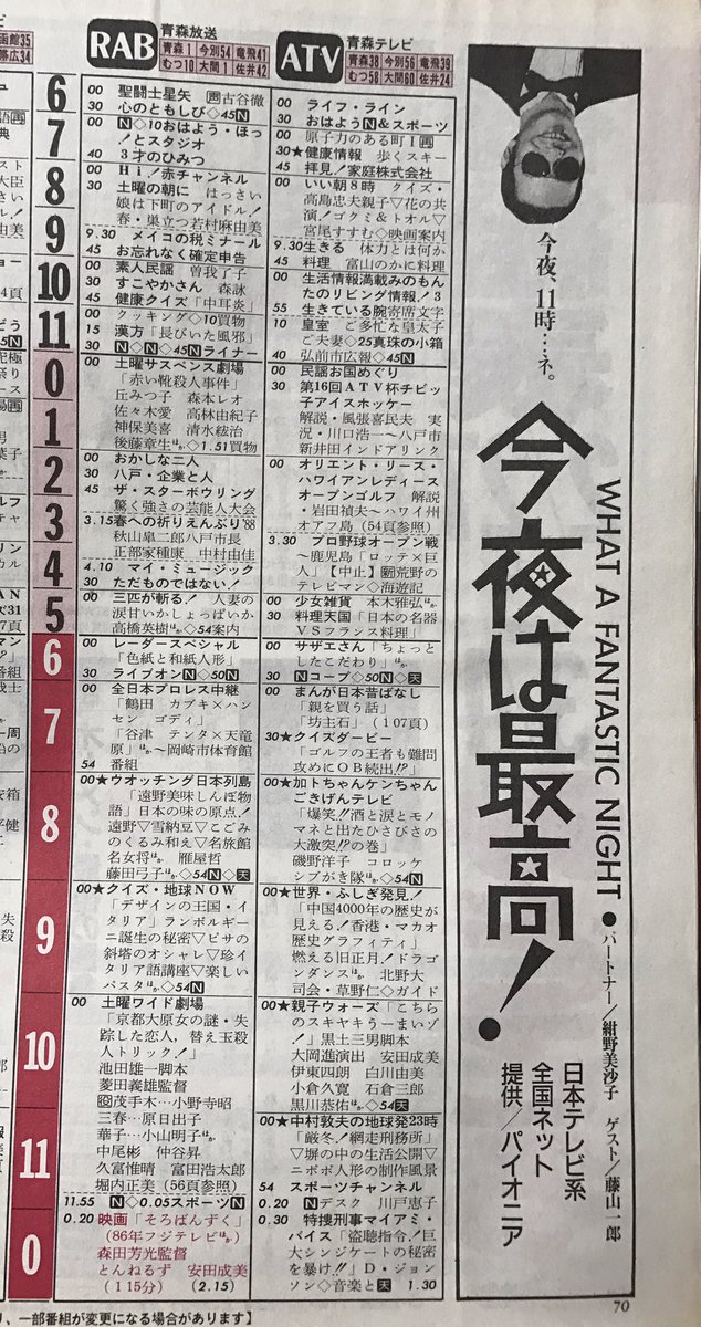 C Sato 次節 約束はいらない در توییتر ご存知の通り山形放送のｇ帯は 日テレ テレ朝の割合が５対５になるように編成され 山形放送が放送出来なかった番組 は山形テレビで放送されていました 因みにテレビユー山形開局日平成元年１０月１日の番組表です