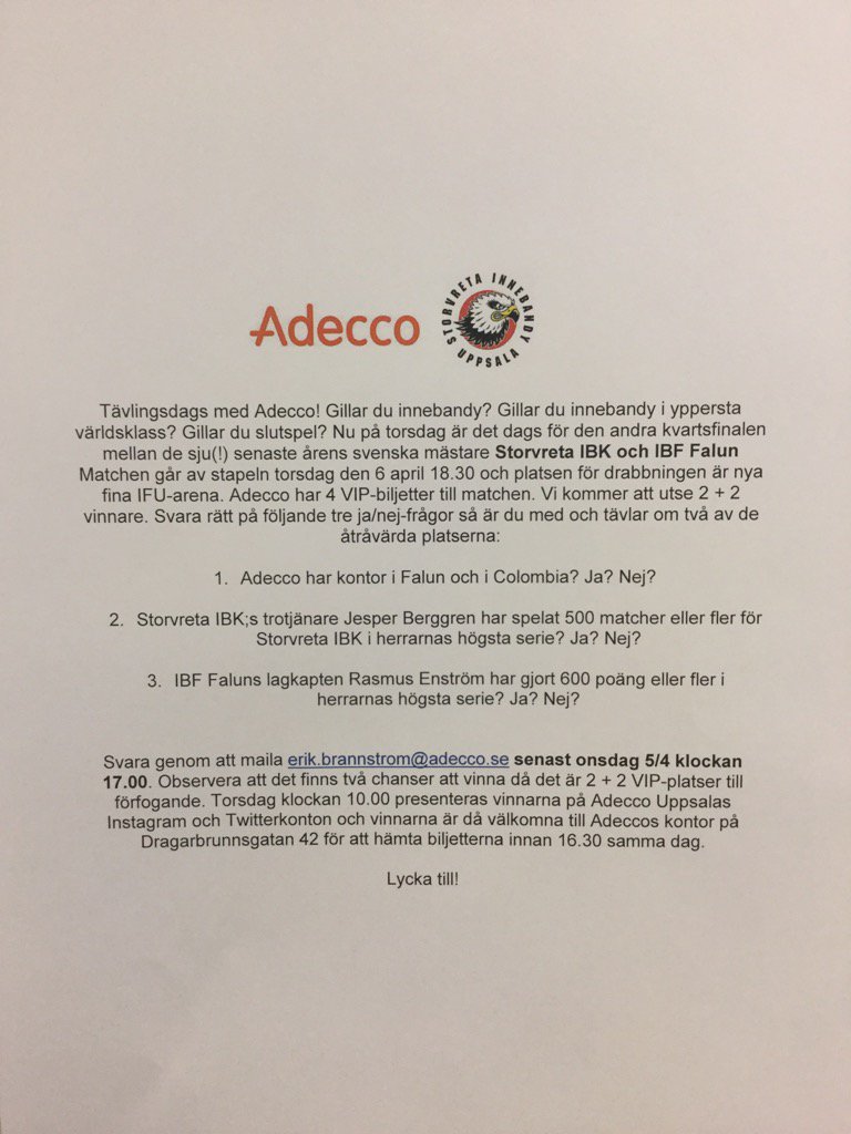 UAdecco's tweet photo. Tävlingsdags! @StorvretaIBK vs @IBFFalun på torsdag. Vinn VIP-platser. Se tävlingsinformation i bild. #adecco https://t.co/HUKRYKIMwu