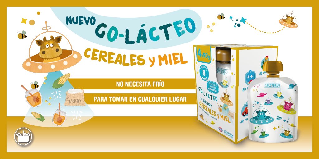 Mercadona's tweet photo. Para el almuerzo ponle el nuevo Go-Lácteo de Cereales y Miel Hacendado. Ideal para niños a partir de 8 meses. https://t.co/XDZN7ORhP5 https://t.co/awUChN2MAX