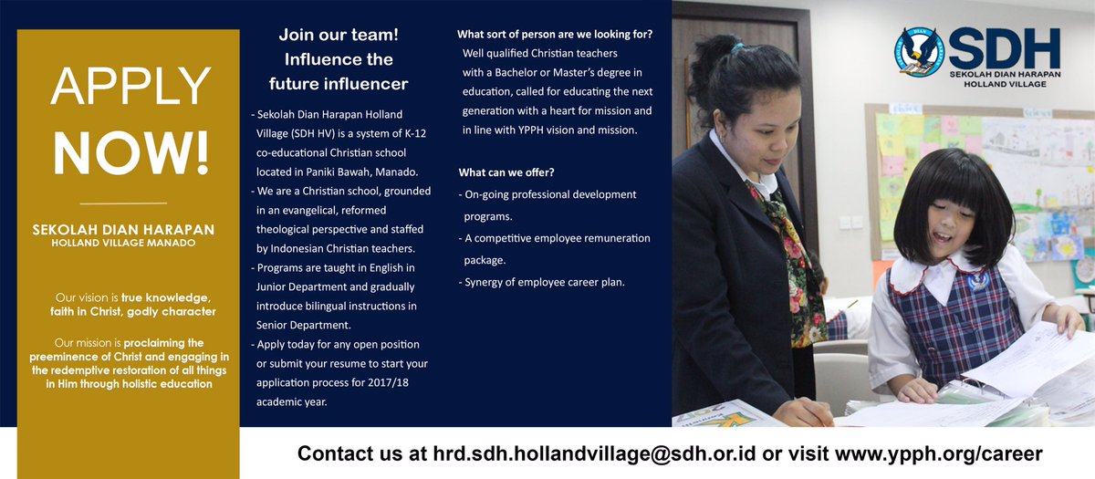 HeinzWokas's tweet photo. Sekolah Dian Harapan Holland Village Manado is recruiting potential teachers for the next academic year (July 2017). https://t.co/7JFhc2ReTh