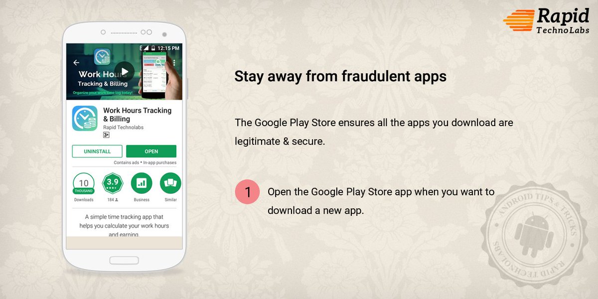 RapidTechnolabs's tweet photo. Stay away from fraudulent apps : Open the Google Play Store app when you want to download a new app #safe
#rapidtips #android #tips #howto https://t.co/Z7vRf4KSzA