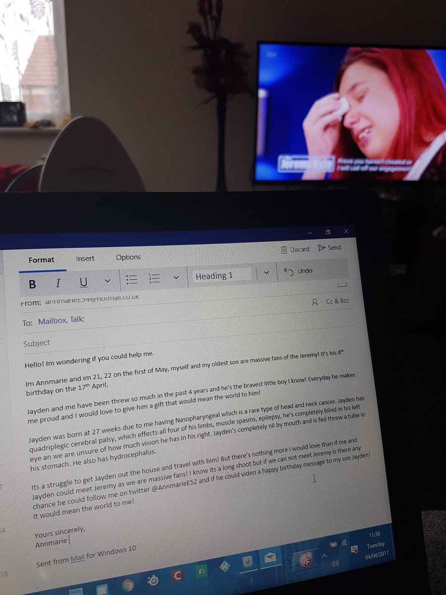 AnnmarieE52's tweet image. @itvjeremykyle sending a email to you while watching you! Please help! If everyone could just retweet please #messagemission