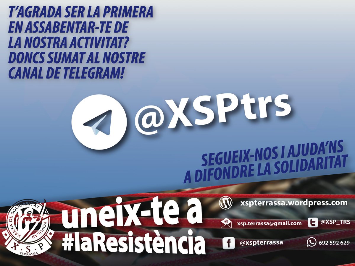 Utilitzes Telegram? Tenim canal per a que siguis la primera en assabentar-te de la nostra activitat.
Busca'ns i uneix-te a #laResistència!