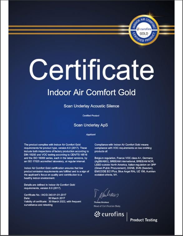 Scan Underlay on Twitter: "Vores Guld certifikat "Indoor Air Comfort GOLD - certificeret for vores tekstil gummi GULV UNDERLAG og LYDDUG TIL https://t.co/Ee9sOWu5Ru" / Twitter