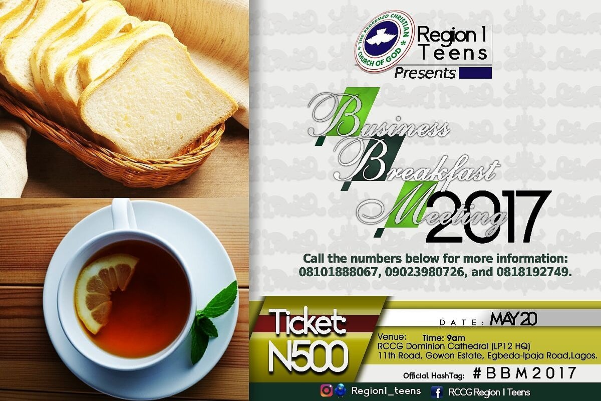 Rccgroar's tweet photo. #BBM2017
You're all invited to; 
Business Breakfast Meeting 2017!!!
Preparing future leaders. 
CC: @PastorEAAdeboye  @PastorFAAdeboye https://t.co/0ccom02hoB