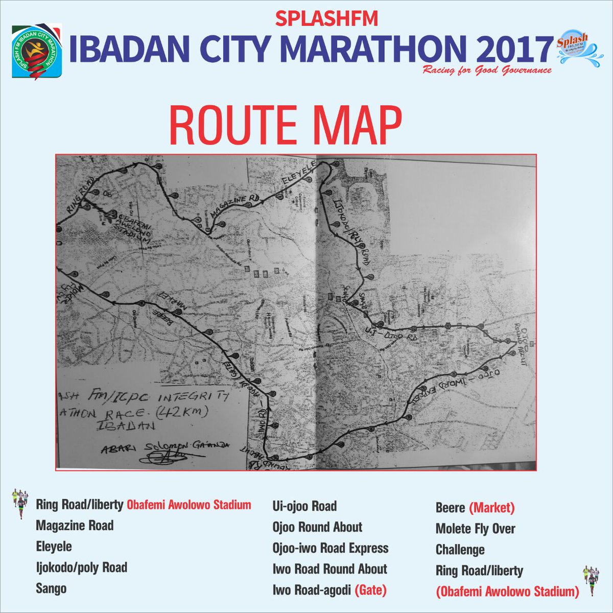 SplashFM1055's tweet photo. #MarathonRoute for #IBCityMarathon2017 Champions are getting ready!
#GetDetermined #RunIbadan. https://t.co/onoZ3aiEkF