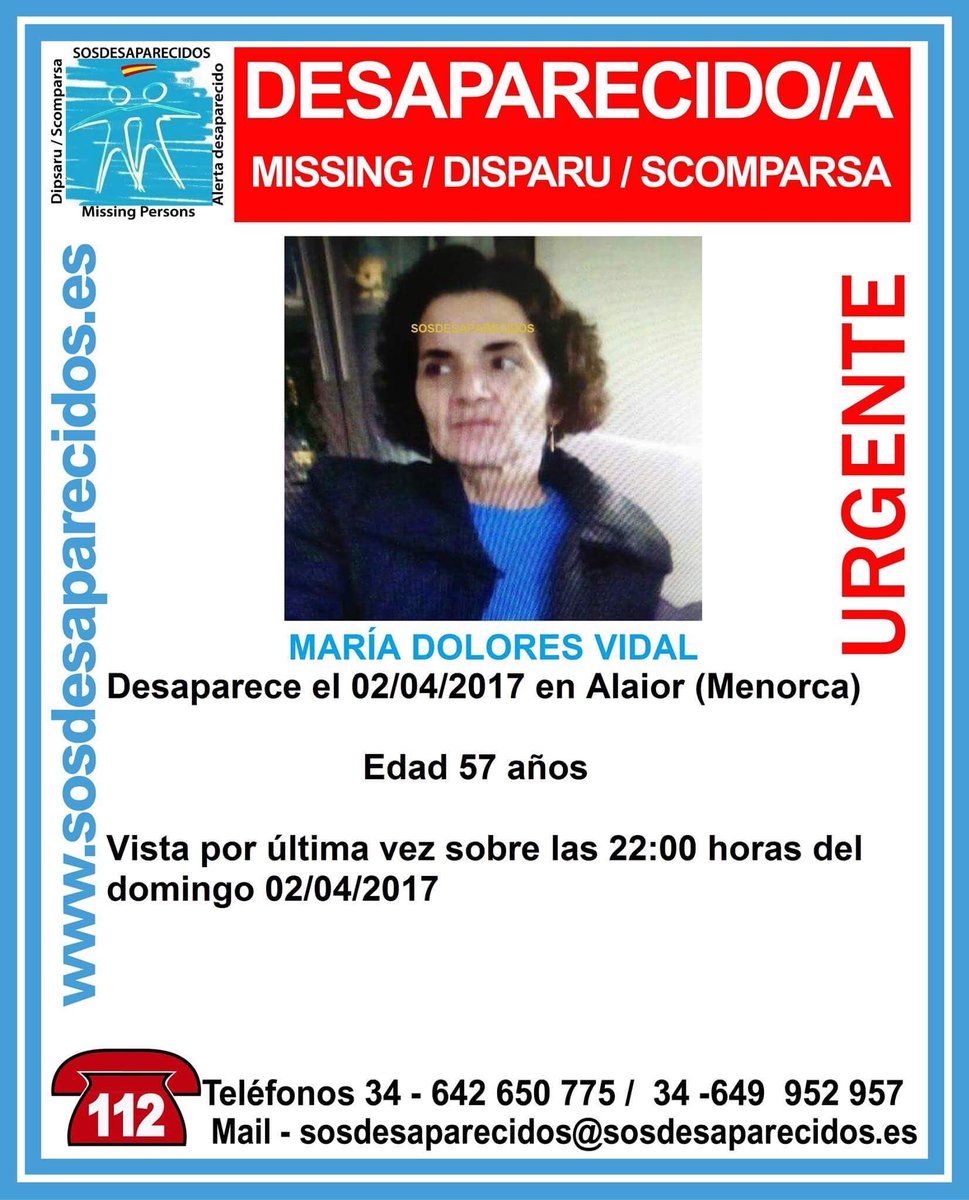 guardiacivil's tweet photo. #Colabora. María Dolores Vidal ha #desaparecido en #Alaior (Menorca), el día 02-04
Si la ves ☎062 ☎112.
¡Ayuda! a localizarla con un RT. https://t.co/TQbRGYPxlP