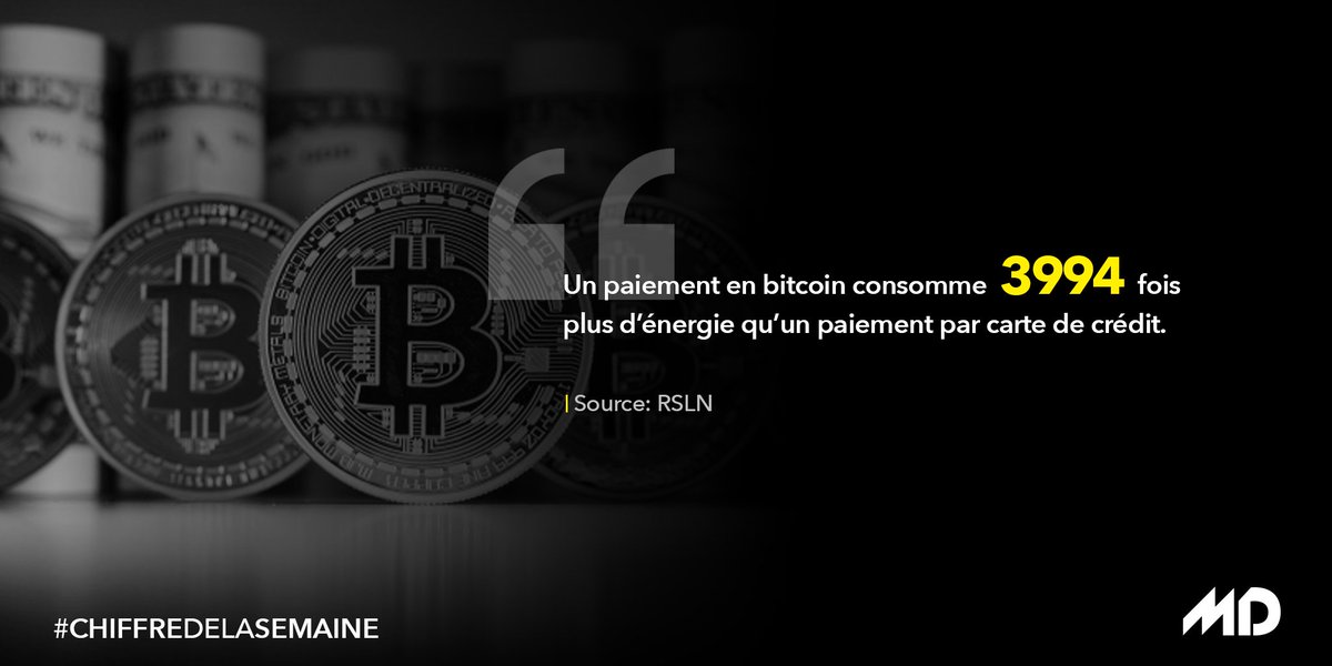 manueldiaz's tweet photo. "Un paiement en bitcoin consomme 3994 fois plus d’énergie qu’un paiement par carte de crédit."
#ChiffreDeLaSemaine #Bitcoin https://t.co/xq2vV3dknX