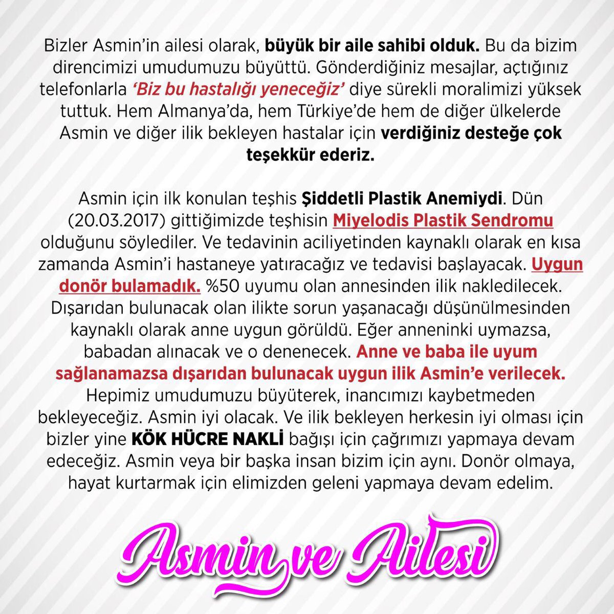 Asmin'in Ailesinden Mektup Var!
Onlar Minik Savaşçımızın Kazanmasını İstiyor.
Kahraman Olmayı Erteleme!
#BelkideSensin 
Irt <a href="/yilmaz_bozkurt/">yılmaz bozkurt</a>