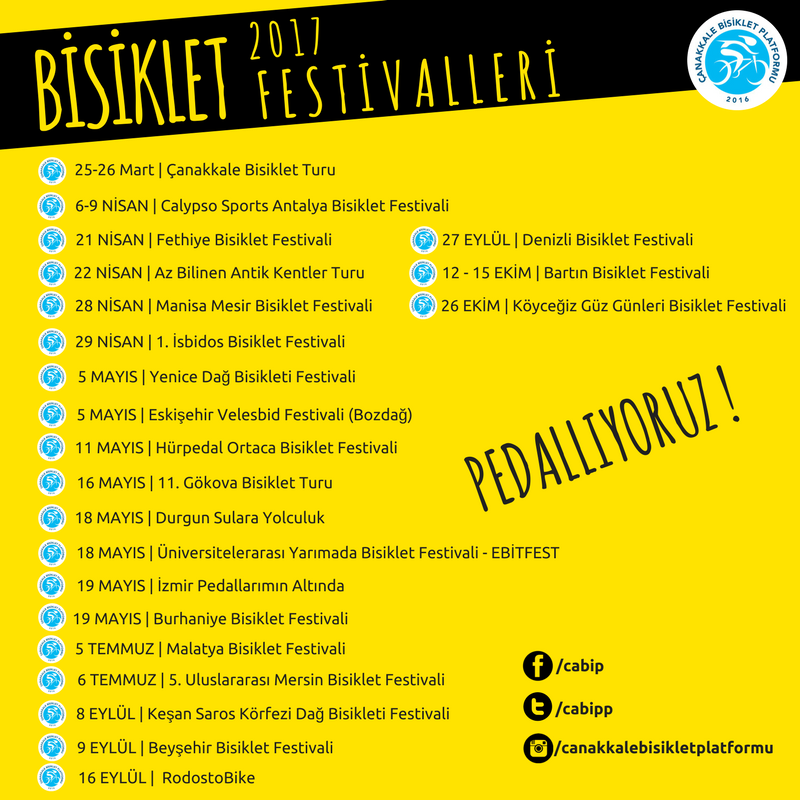 Türkiye Bisiklet Festivalleri 2017 
#Çanakkalebisikletplatformu #ÇABİP 

<a href="/Bugep_/">Bisikletli Ulaşımı Geliştirme Derneği</a> <a href="/bisikletli/">Bisikletliler Derneği</a> <a href="/BisikletUlasim/">Bisikletli Ulaşım Platformu - BUP</a> @bisiklet_izm <a href="/bisikletvs/">Bisikletvs.</a>