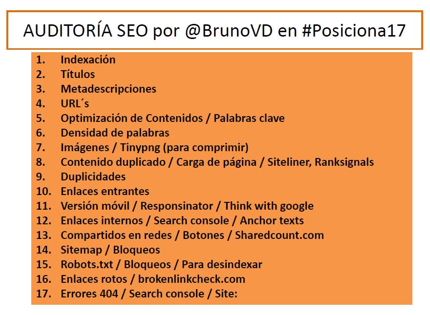 cordobari's tweet photo. Resumen de la súper útil auditoría SEO de @BrunoVD #posiciona17 https://t.co/KF0Qe0weeq