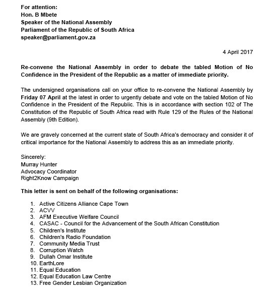 r2kcampaign's tweet photo. JUST IN: 64 civic orgs have written to Speaker of @ParliamentofRSA, calling for National Assembly to reconvene by Friday 
#NoConfidenceVote https://t.co/J3KzayVZSz