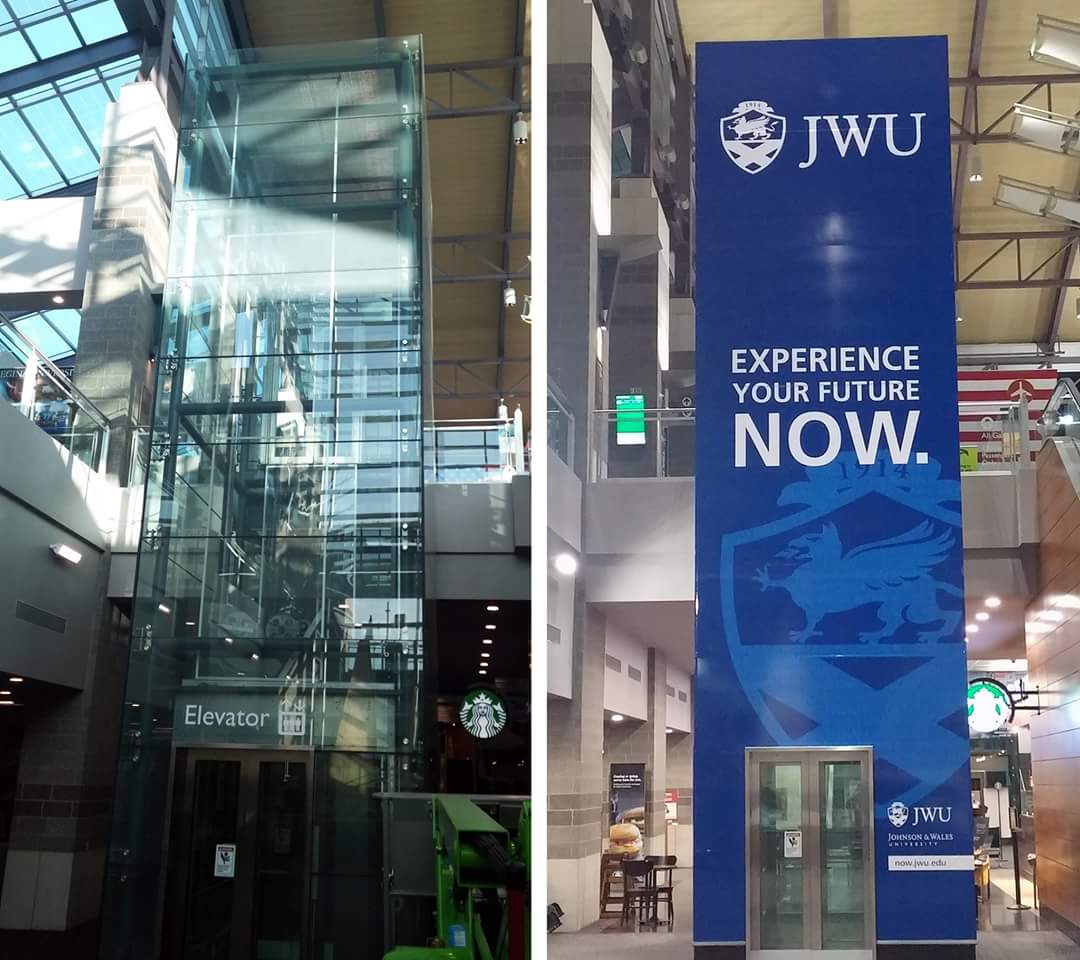 BORIgraphix's tweet photo. Check out this glass elevator wrap we printed and installed inside @tfgreenairport for @JWUProvidence!BORI taking it up a level! @3MGraphics https://t.co/XazQk1sBI7