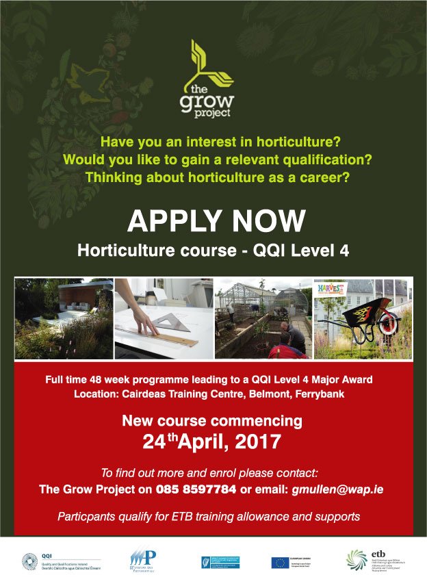 TheGrowProject1's tweet photo. New community training opportunity - new Horticulture Course starting in Ferrybank on 24th April 2017🥕🥕🥕 https://t.co/Mm5PsvslaC