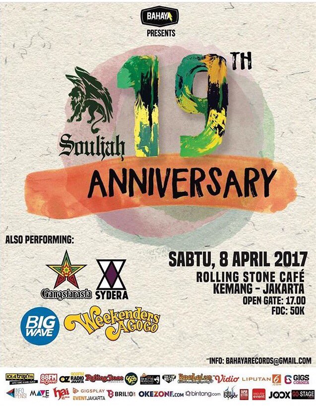 Ada lagi nih, "19th SOULJAH" 08 April 2017, Rolling Stone Cafe.
Ada Weekender A Go Go yang lagi nge-hits loohh! More info ke <a href="/souljahmusik/">Souljah Indonesia</a>