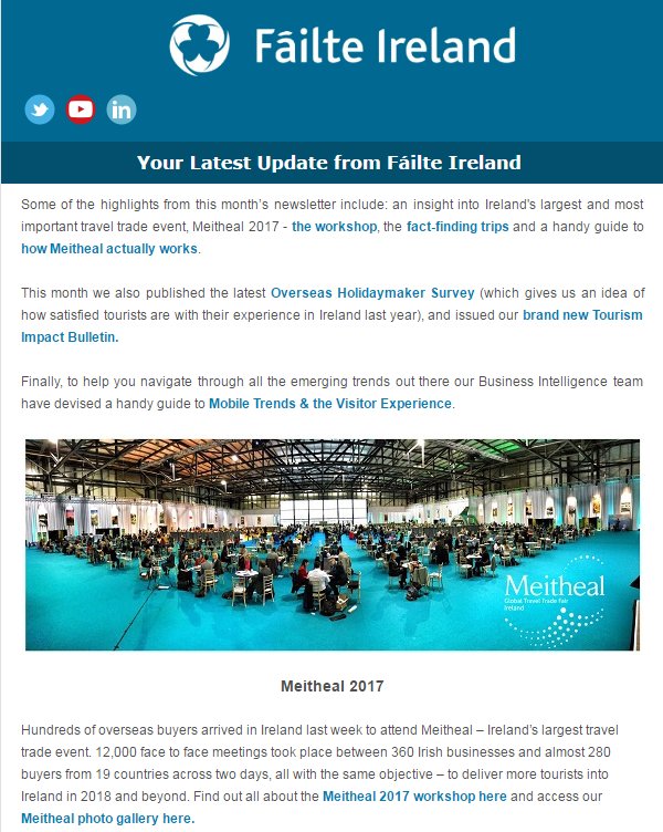 Failte_Ireland's tweet photo. Our latest newsletter is packed full of
#Meitheal2017 #TourismInsights and new #Research - https://t.co/p5HS0ywBnZ https://t.co/ggHg1PnfCr