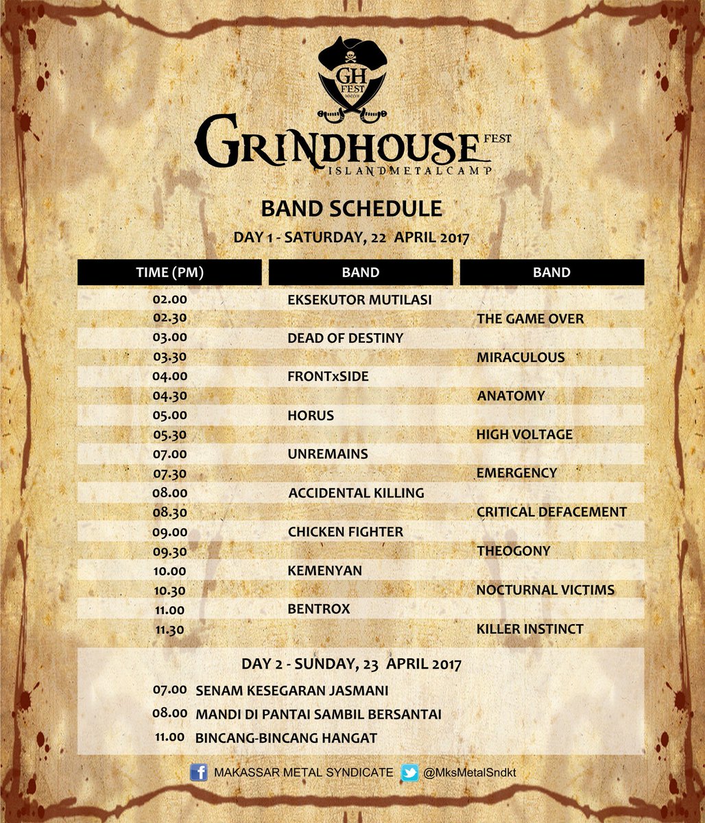 Band Schedule
GRINDHOUSE FEST 2017
Island Metal Camp
22-23 April 2017 di Khayangan Island &amp; Resort. #GHFest2017 #IMC2017 #MksMetalSndkt