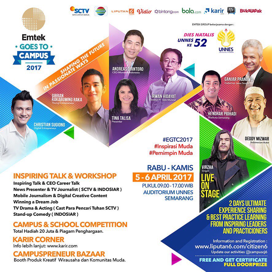 SCTV's tweet photo. Jangan lupa pagi ini datang ke UNNES Semarang ada #EGTC2017!
Banyak acara dan bintang tamu menarik loh! https://t.co/1uNXwaeHzL