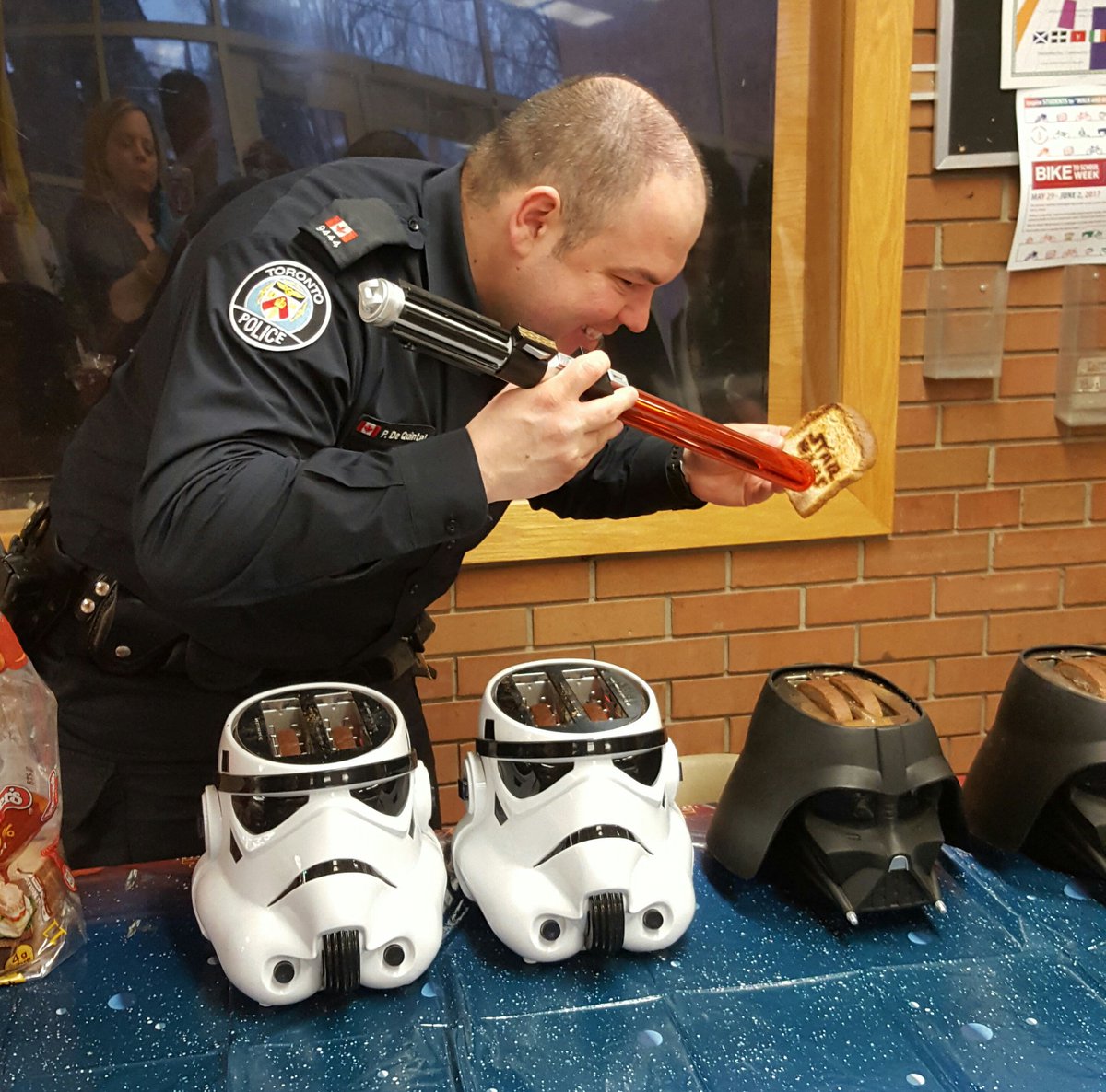StarWarsCop's tweet image. The students have no idea the effort it take to get #StarWars put on each piece of #toast. #breakfastprogram #darkside