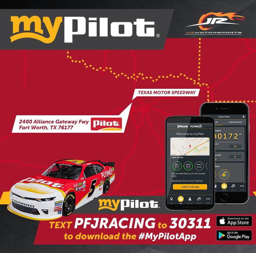 JRMotorsports's tweet photo. Heading to @TXMotorSpeedway? Stop by this @PilotFlyingJ location and text PFJracing to 30311 to download the #MyPilotApp and start saving! https://t.co/JtCVTHSONR