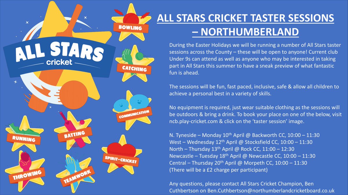 Clubs, please spread the word and get kids signed up for the All Stars Cricket taster sessions coming up this Easter! ⭐️🏏