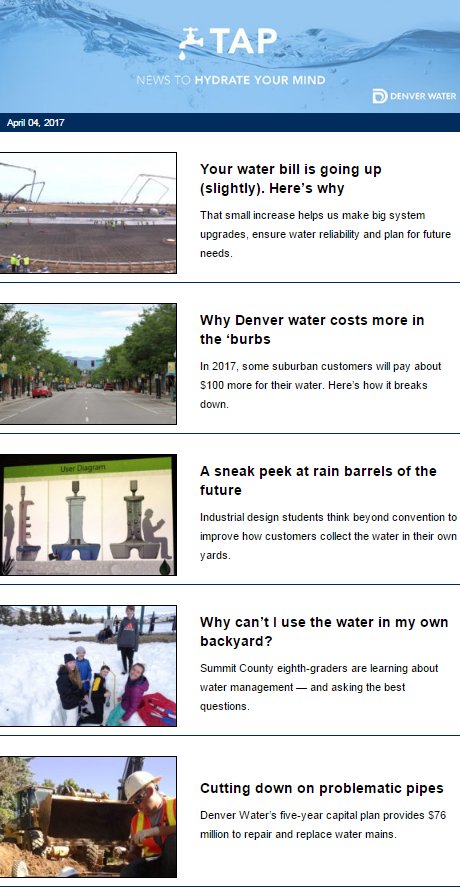 DenverWater's tweet image. What's on TAP? Rates, #rainbarrels, youth education &amp;amp; more. Headlines of the week: denverwatertap.org/e-tap/