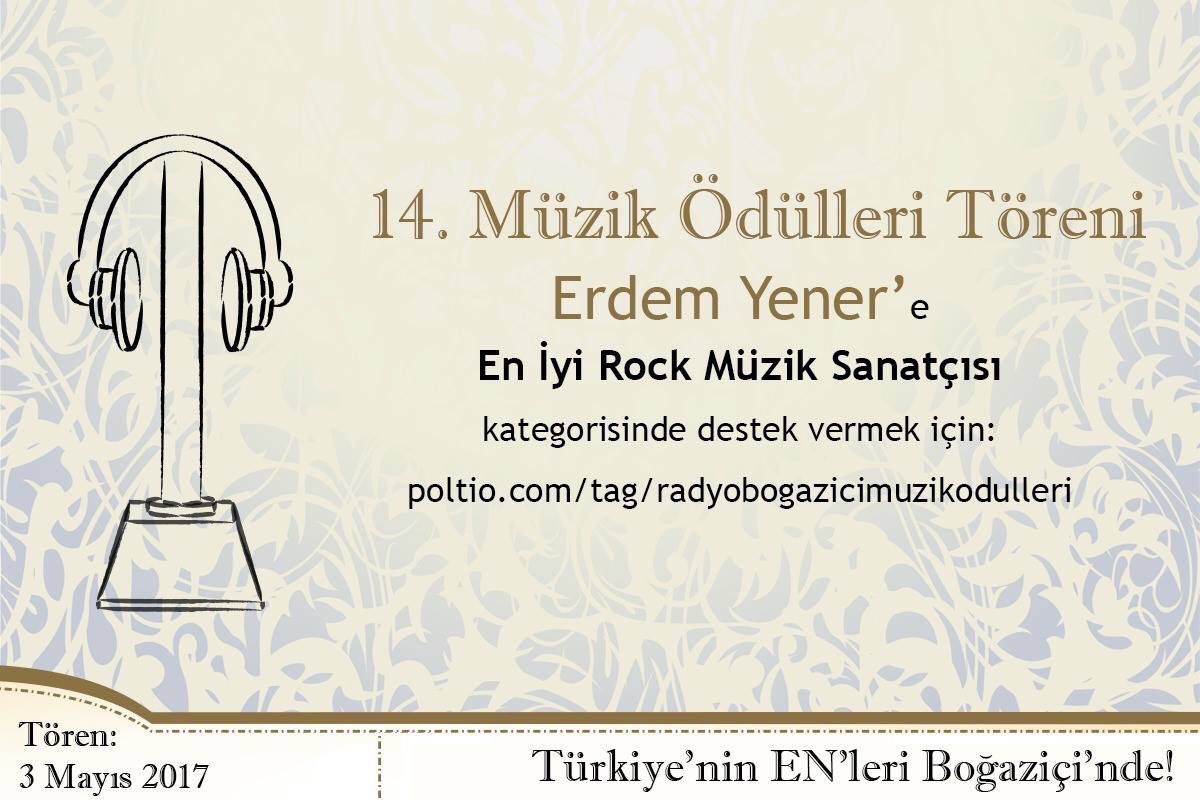 . <a href="/ERDEMYENER/">Erdem Yener</a> 14.Radyo Boğaziçi Müzik Ödülleri'nde "En İyi Rock Müzik Sanatçısı" kategorisinde aday!
Oy vermek için: poltio.com/tag/radyobogaz…