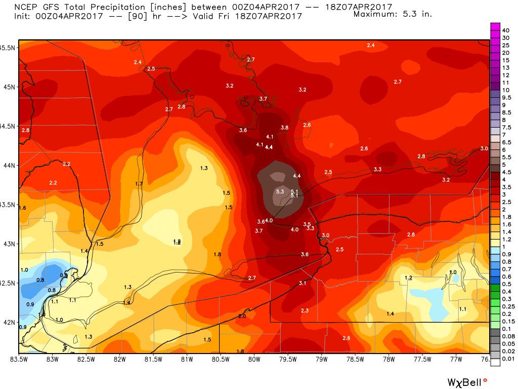 AnthonyFarnell's tweet image. Last 3 GFS runs consistently place 100mm+ precip bullseye over Toronto Thursday/Friday. Concerned for flooding &amp;amp; higher elevation wet snow.
