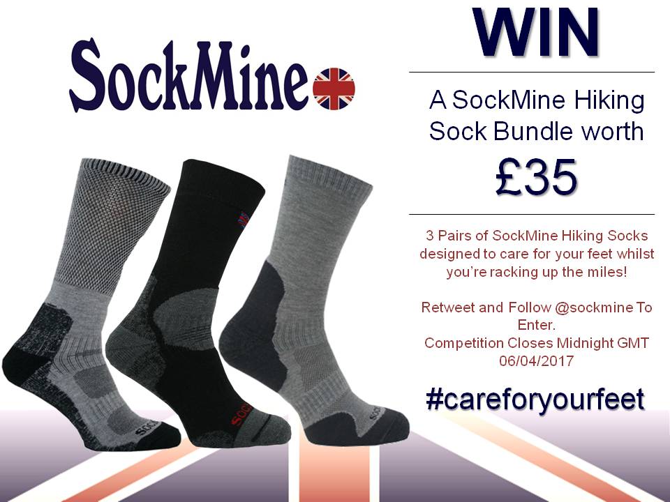 Sockmine's tweet photo. It's a SockMine #giveaway! RT and follow for your chance to #win a #hiking sock bundle worth £35! Ends 06/04/2017 #walking #careforyourfeet https://t.co/HbQMnjKNe8