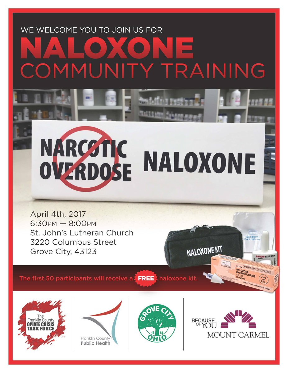 GroveCityOhio's tweet photo. Join us tonight 6-8:30P in @GroveCityOhio for #Naloxone training. @FC_OCTF @FranklinCoroner @FC_PublicHealth &amp; @MountCarmel  Pls RT https://t.co/Ie97bFx89r