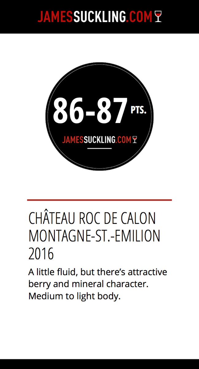 RocdeCalon's tweet photo. .@JamesSuckling gives 86-87pts to Château #RocdeCalon 2016 vintage ☺️ Thank you! #BDX16 #JsEnPrimeur #Bordeaux #Primeurs2016 #proud https://t.co/fJEWj98C1e