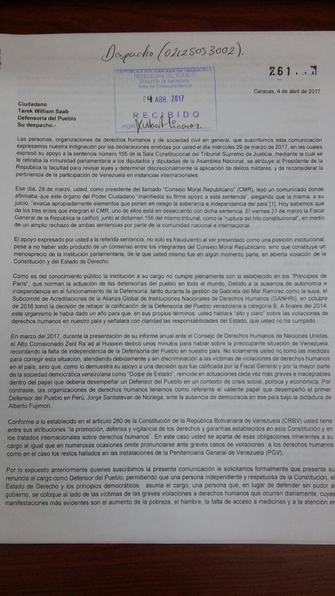 Imagen de la comunicación exigiendo renuncia de #DefensorDeDictadura, sellada por <a href="/Defensoria_Vzla/">Defensor del Pueblo</a>