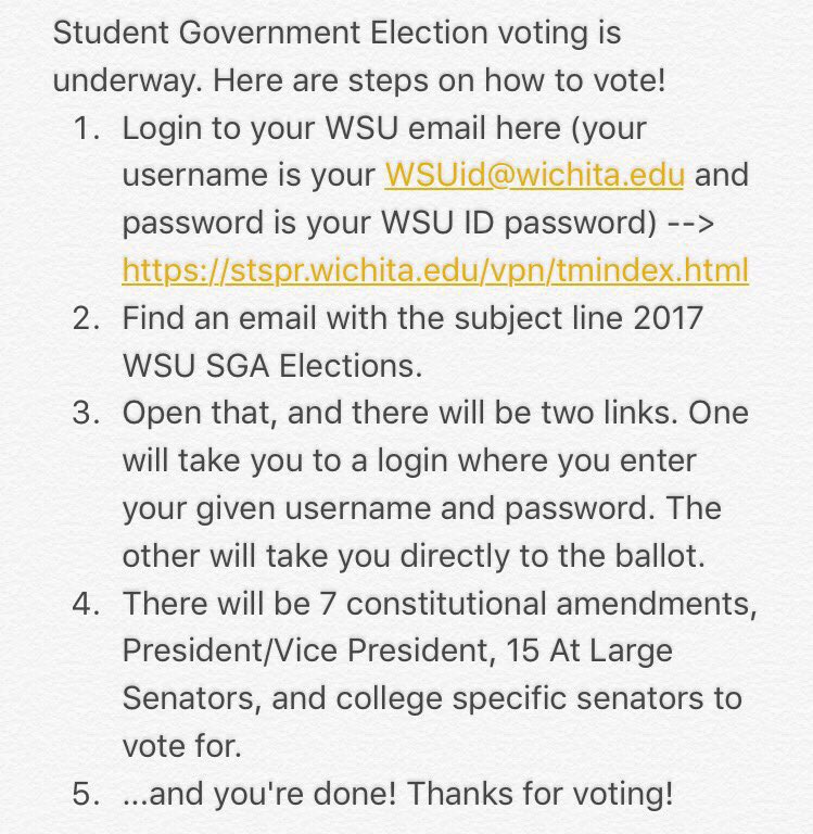 Haven't voted yet? Why not?

See the directions attached on how to vote through your WSU email - stspr.wichita.edu/vpn/tmindex.ht…:

#UnitedWeStand