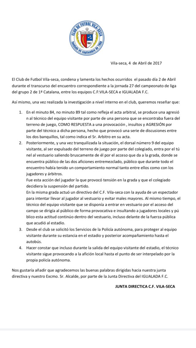 vilaseca1966's tweet photo. Comunicado Oficial sobre los actos sucedidos en el partido CF Vilaseca Vs Igualada FC de 1a Catalana grupo 2 https://t.co/CfErkNe8VS