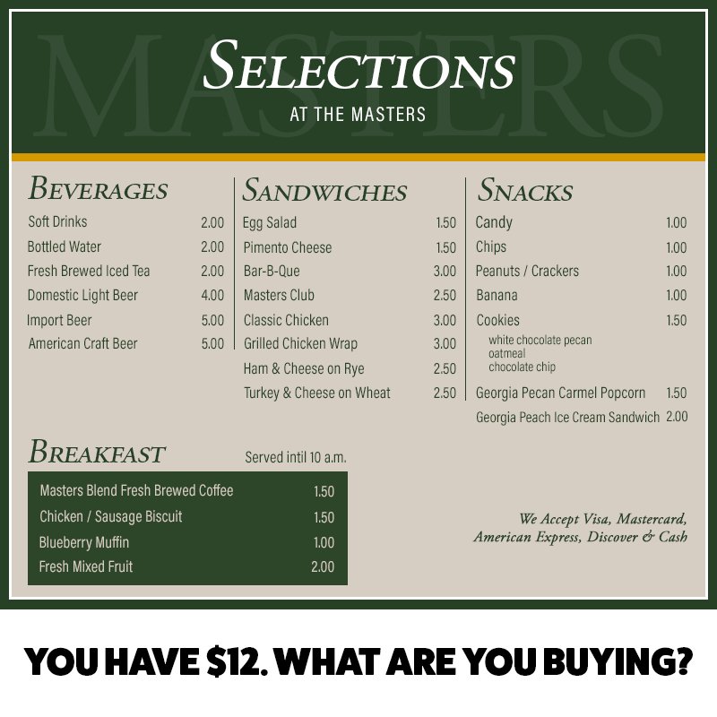 2017 concession stand prices at #TheMasters 👌🏼

You have $12. What are you buying?
