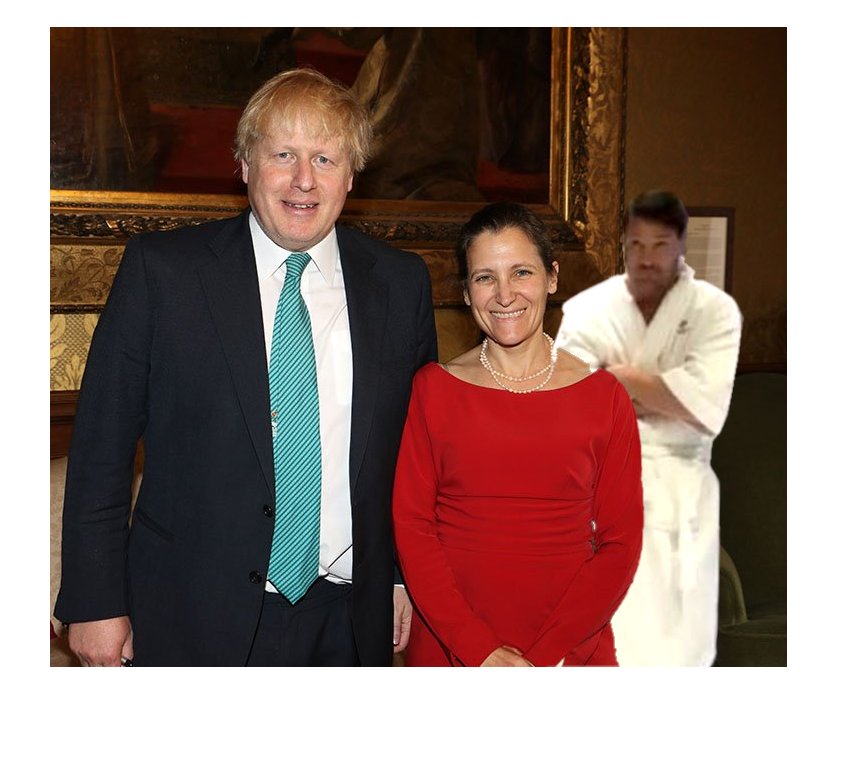 DenVan's tweet photo. Seriously. Just me, or is something oddly... familiar... about this photo of Chrystia Freeland meeting Boris Johnson? #CDNPoli #BathrobeGuy https://t.co/02EiKsea2X