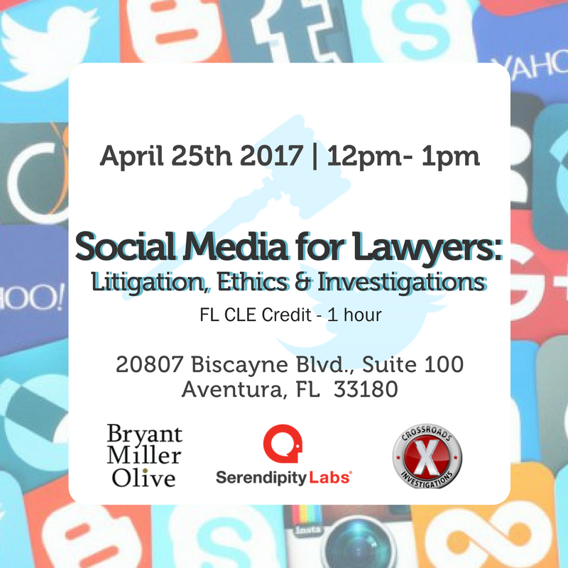 XInvestigations's tweet photo. FREE LUNCH &amp; #CLEcredit! Join the discussion, 4/25/17 @ 12noon, on #SocialMedia, #LitigationEthics &amp; #Investigations https://t.co/iqeuDGHkcB https://t.co/VhxrdMJVlT