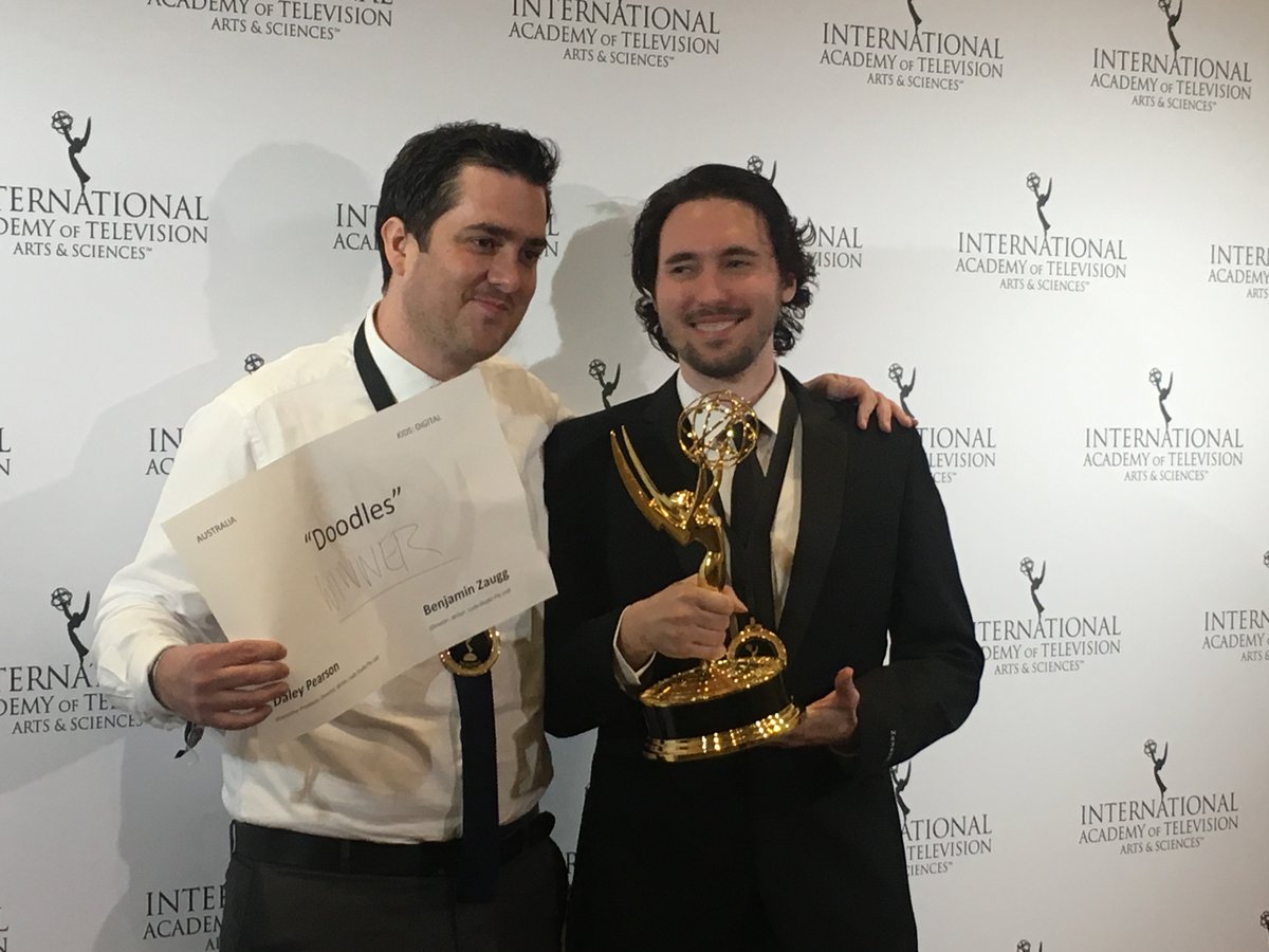And the Digital Emmy goes to ... The Doodles. (His sign says "winner" lol) #miptv <a href="/iemmys/">International Emmy Awards</a>