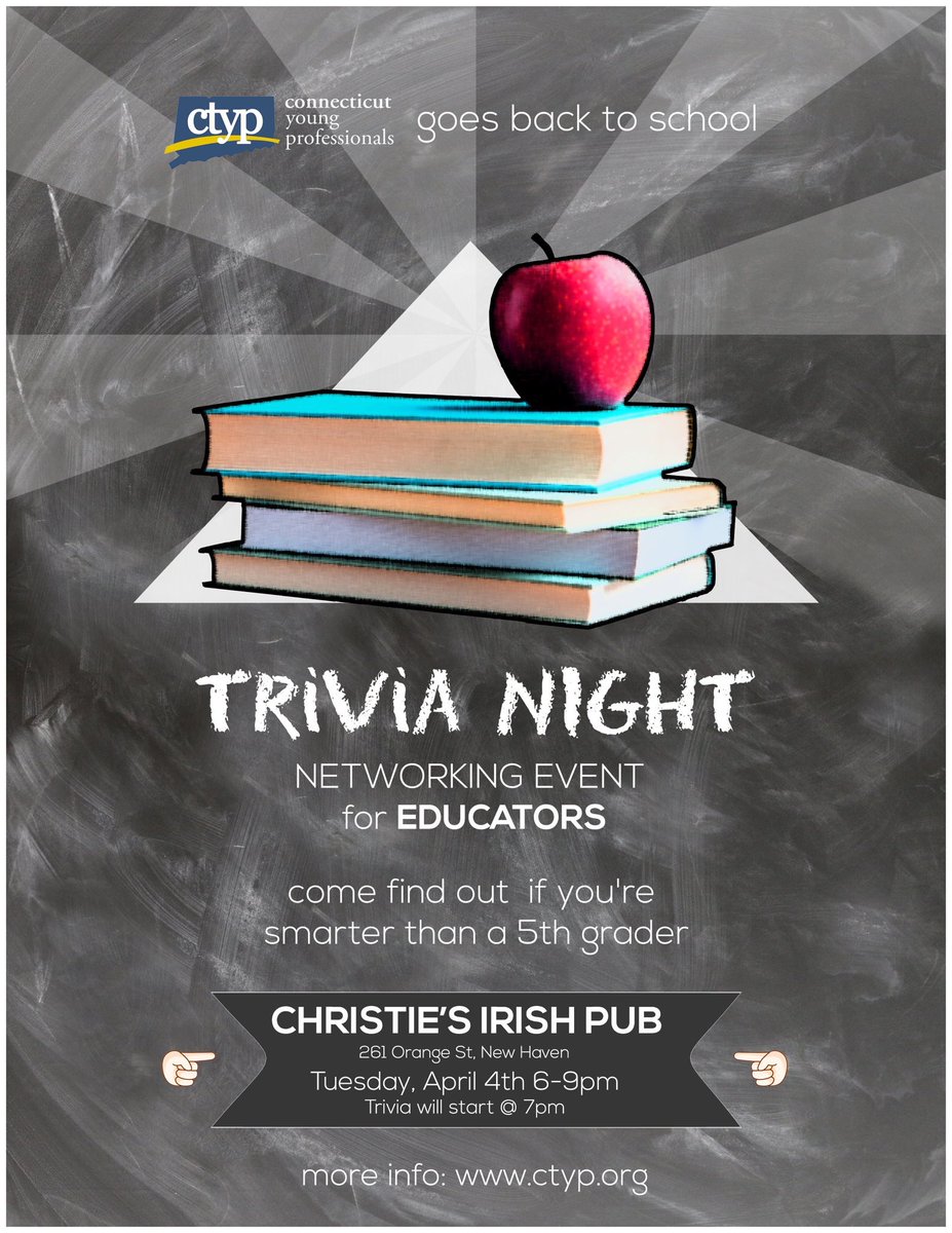 ConnecticutYP's tweet photo. Just over two hours until the fun begins! 6pm networking, 7pm TRIVIA! #NewHaven #CTYP https://t.co/kCKqMuZDu2