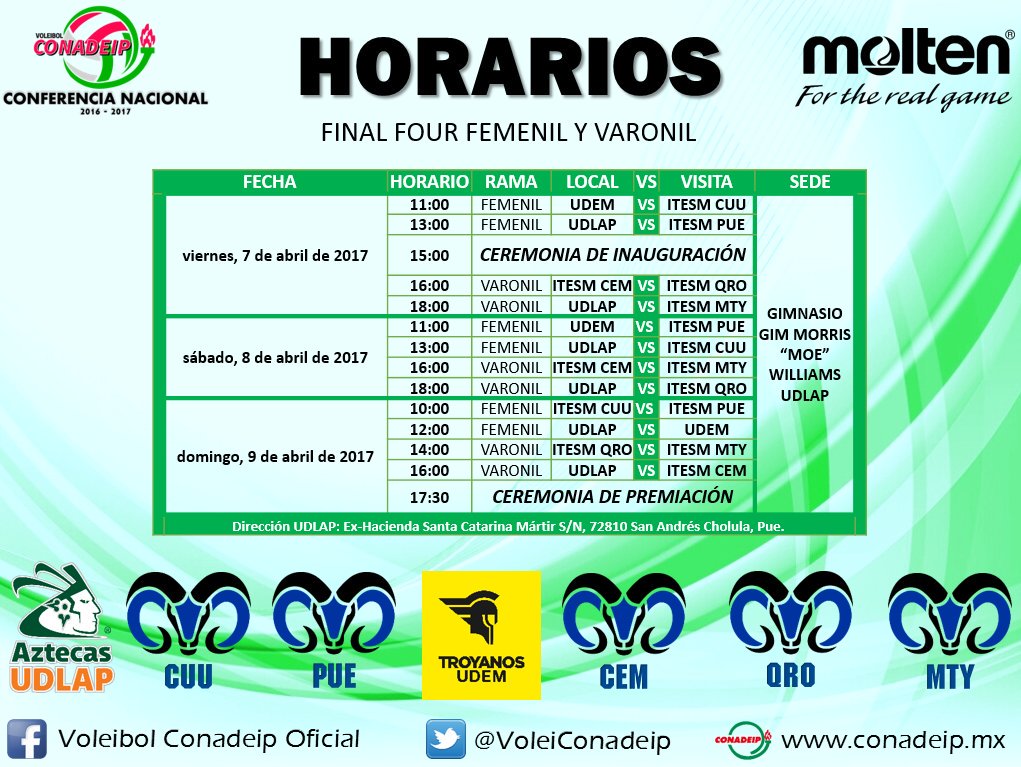 VoleiConadeip's tweet photo. Horarios del Final Four de la Conferencia Nacional de Voleibol 1ra Fuerza de la @CONADEIPmx https://t.co/DLu3a81aAL