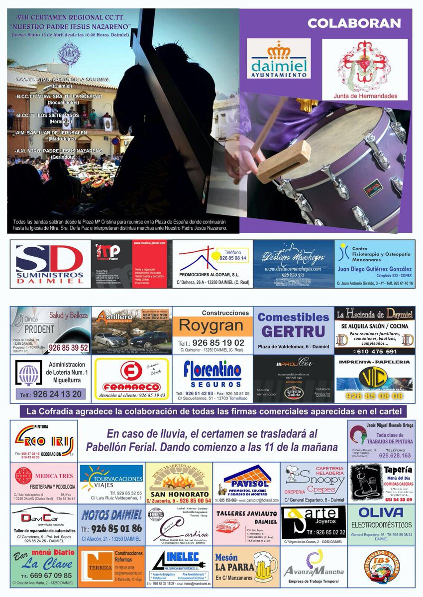 <a href="/amsanjuanjerusa/">Agrupación Musical San Juan de Jerusalén</a> <a href="/S_J_Jerusalen/">S.Juan de Jerusalen</a> <a href="/moraosdaimiel/">J. Nazareno Daimiel</a> youtu.be/HuFUo4ZvXpY Certamen Regional CC. TT. Ntro. Padre Jesús Nazareno en Daimiel