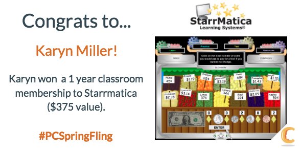 PledgeCents's tweet image. Congratulations to Karyn Miller for winning a subscription to @StarrMatica in our latest contest, #PCSpringFling! #edchat #teaching #edtech