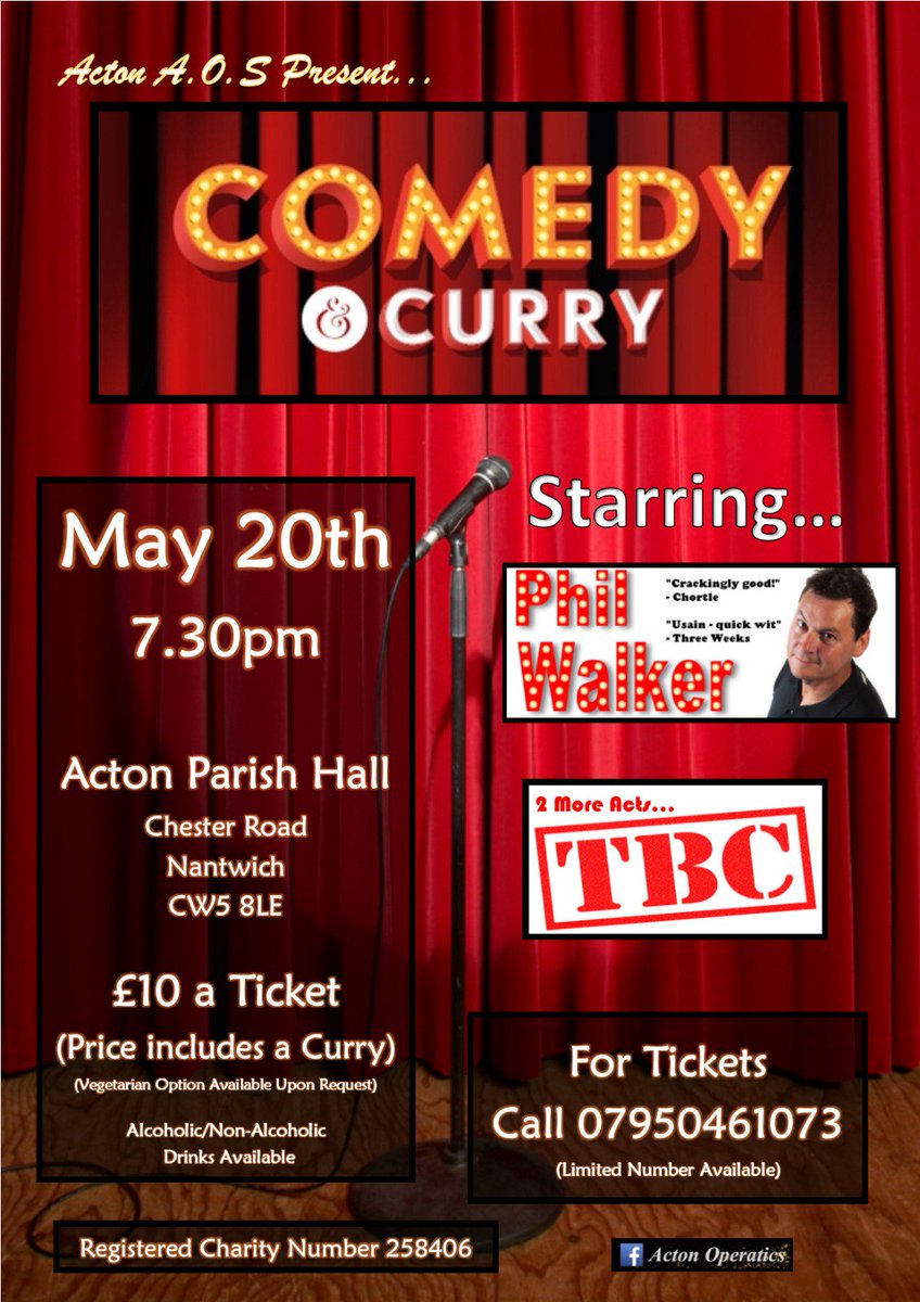 Acton_AOS's tweet photo. Our upcoming event! Fabulous night out featuring some award winning comedians! RT @creweams @NantwichPlayers @ShavingtonPanto @XACADEMYed https://t.co/kVhVi9gYnh