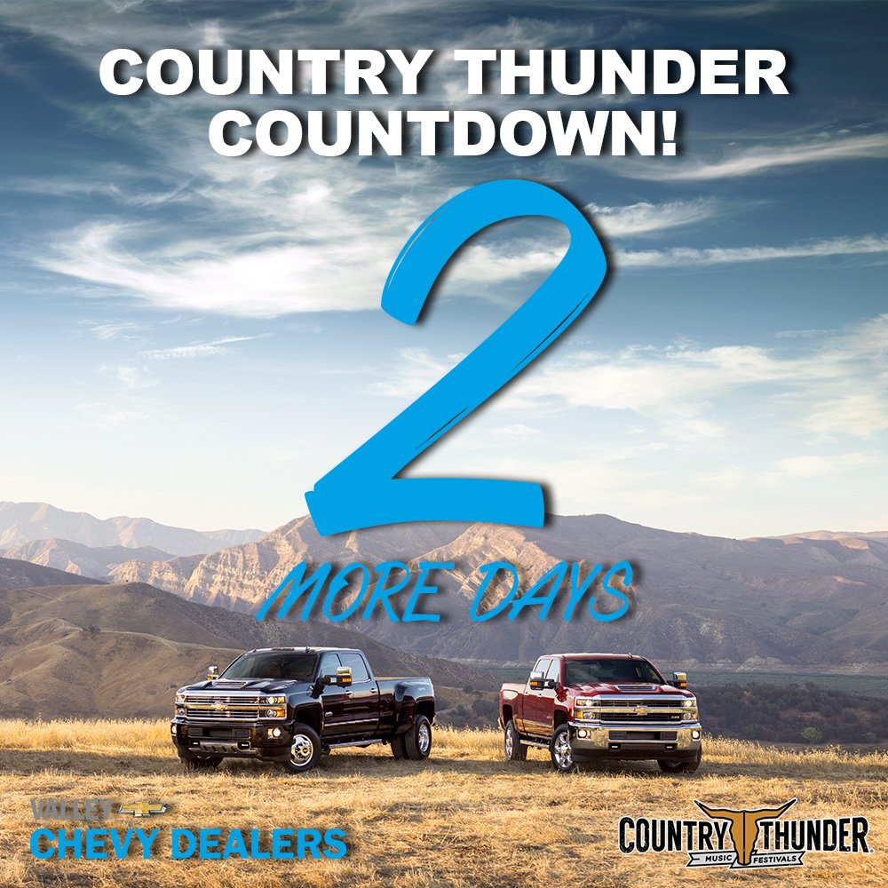 ValleyChevy's tweet photo. 2 days to go! Get the rundown on all of the performers at this yearโs Country Thunder: https://t.co/aeVLE8yM7G #ChevyLovesCT https://t.co/0SMKAcGEIb