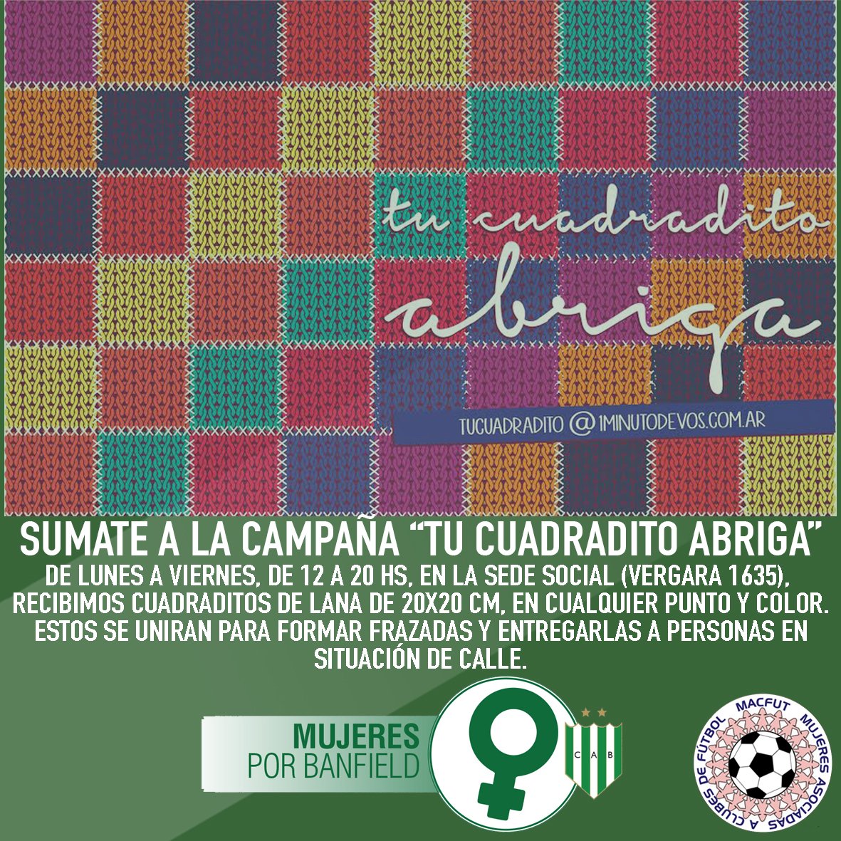 CAB_oficial's tweet photo. Nuevamente, por medio de @CABSubcoMujeres y @macfut, #Banfield se suma a la campaña @tucuadradito. Acercate a la Sede Social y colaborá. https://t.co/450jeAA70V