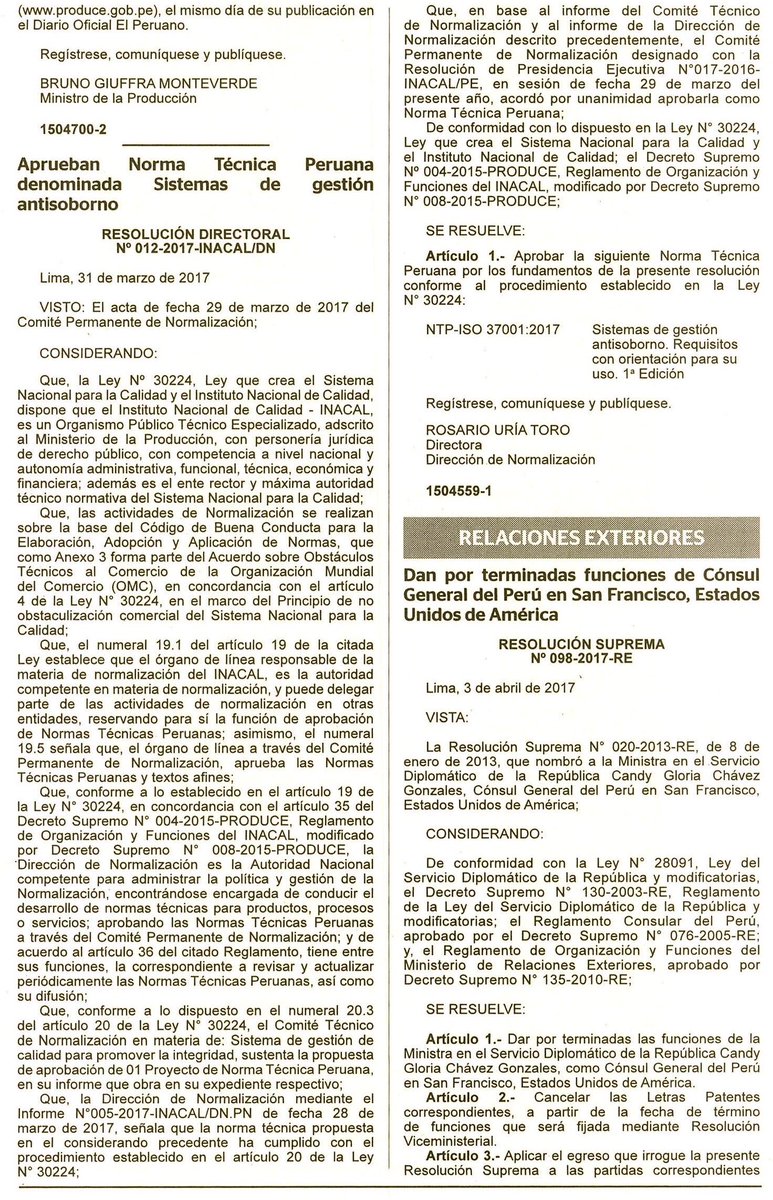 Esta es la publicación en <a href="/DiarioElPeruano/">Diario El Peruano</a> de la Norma ISO 37001 llamada #NormaAntisoborno para que pueda ser implementada por las empresas