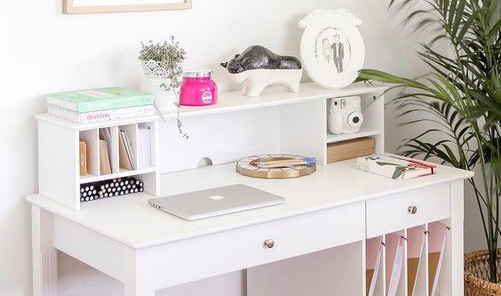 Walker Edison Deluxe White Wood Computer Desk with Hutch